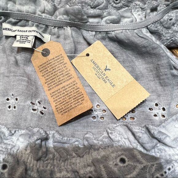 Off The Shoulder Dusty Blue Short Eyelet Blouse American Eagle Outfitters XS - Picture 8 of 11